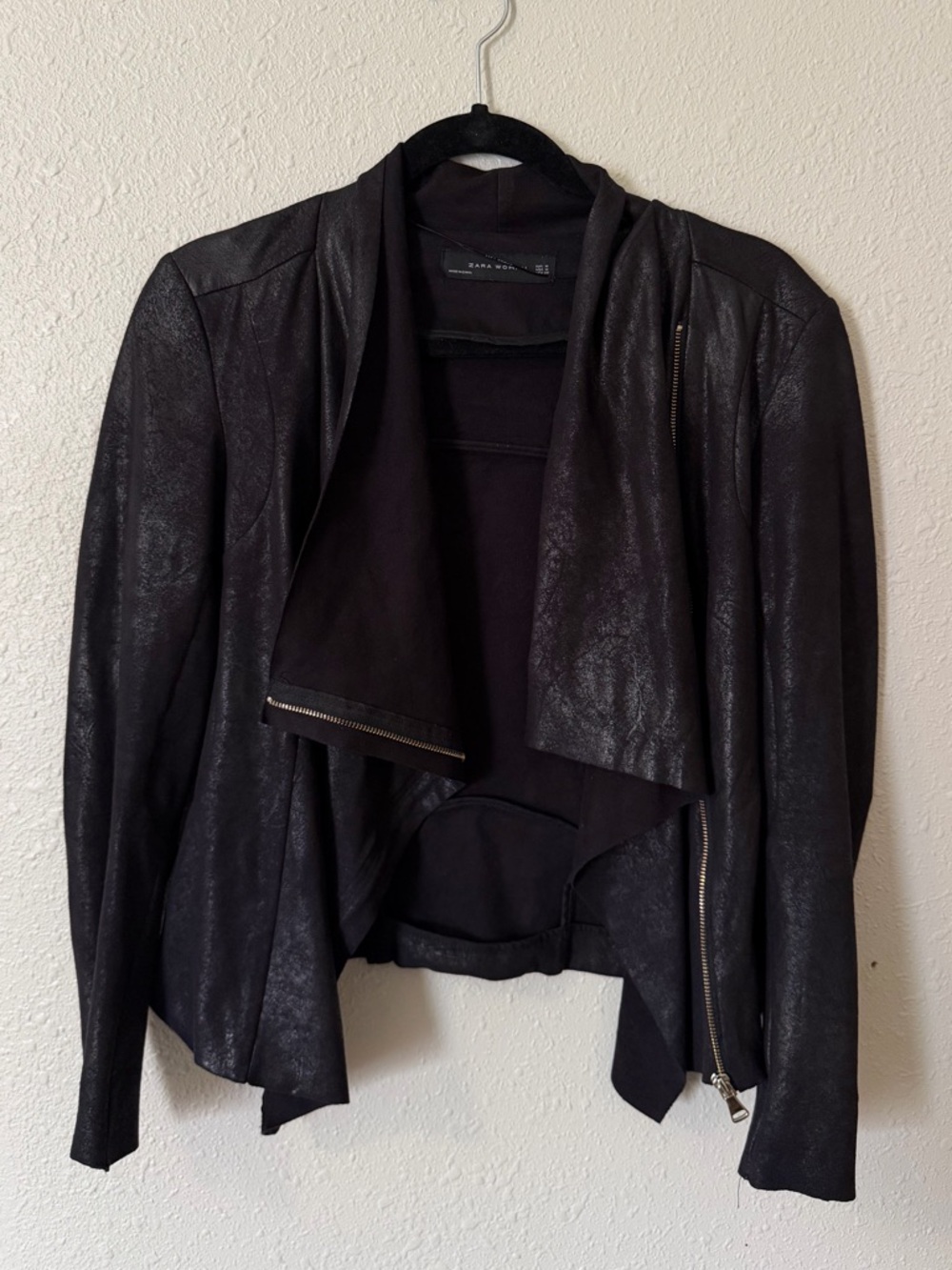 Zara Black Draped Leather Moto Jacket